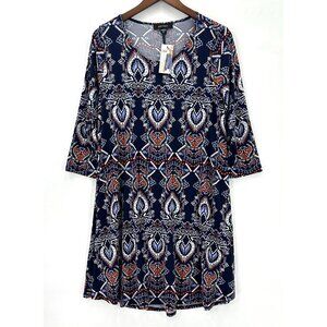 Karen Kane Dress Womens Shift Pullover 3/4 Sleeve Ikat Slinky Multicolor M NWT